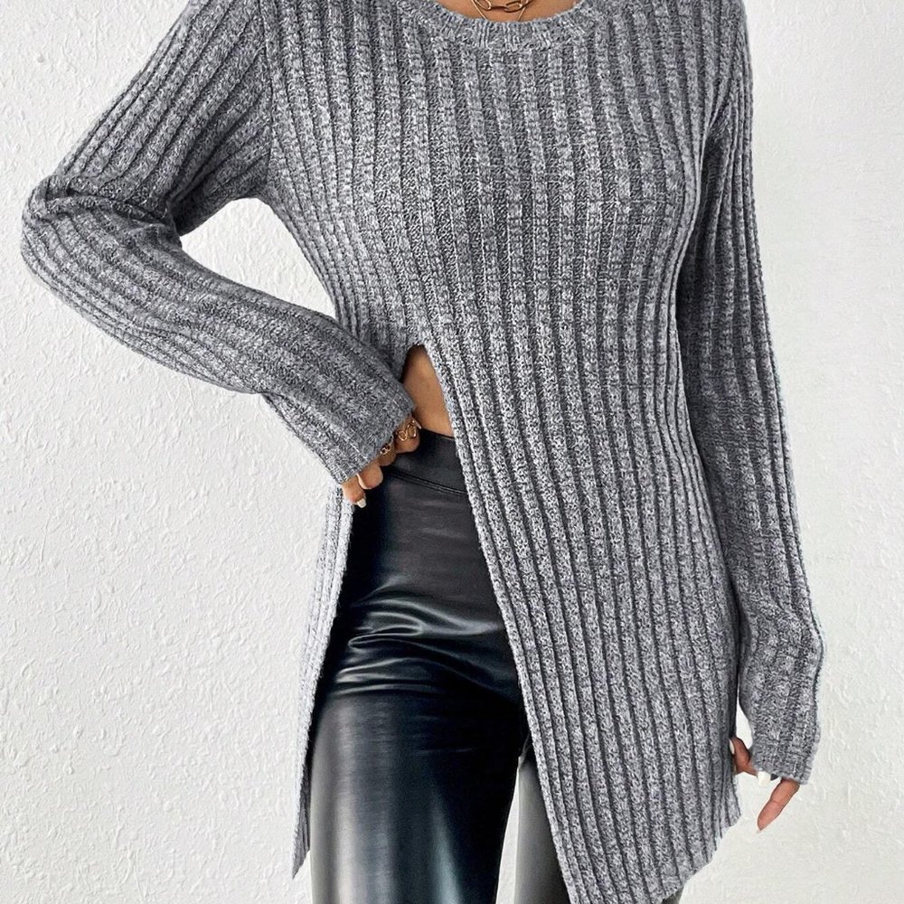 Split Hem Ribbed Knit Longline Sweater Grey - Picture 4 of 5